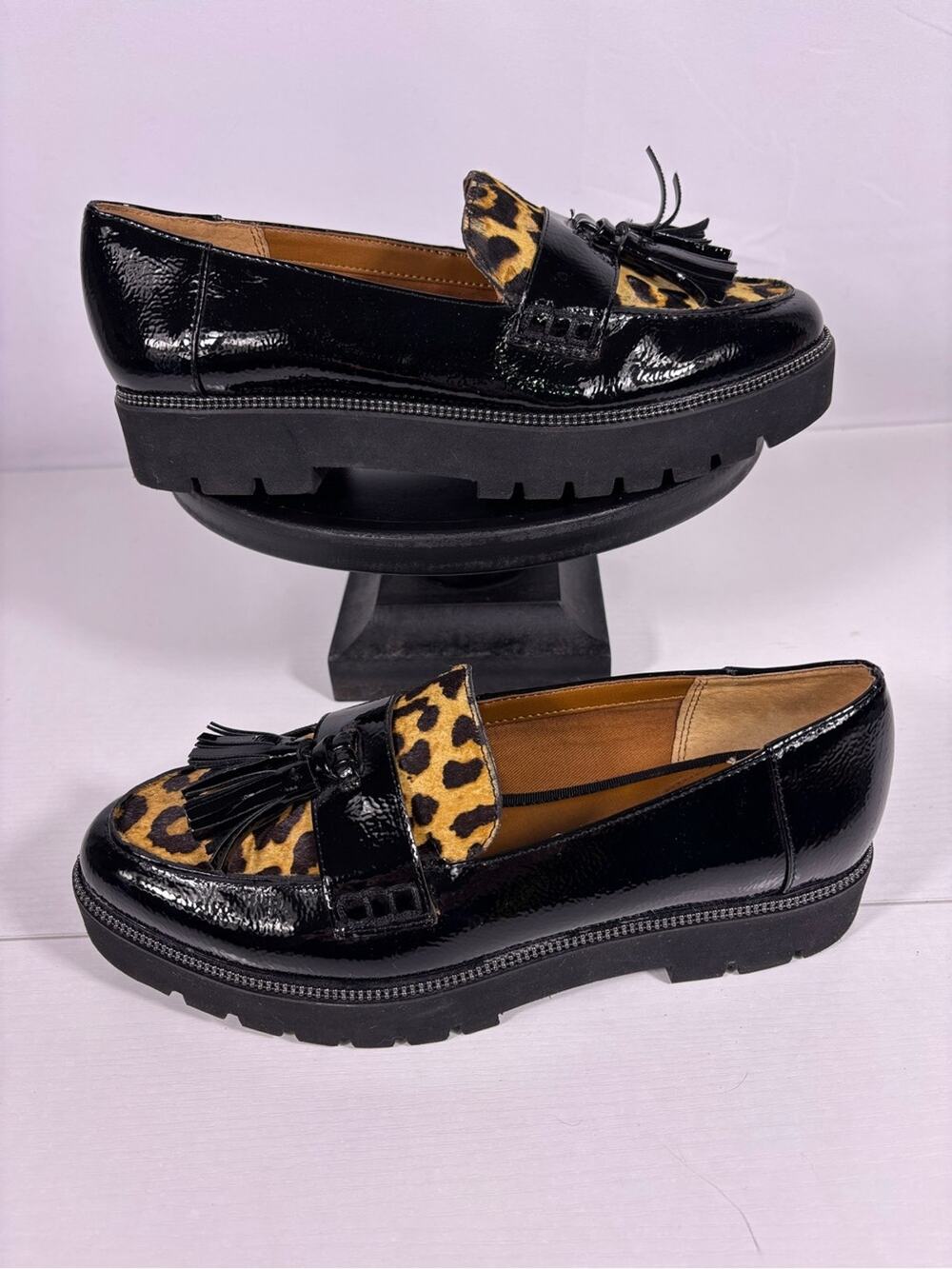 Franco Sarto Leopard Tassel Loafers Platform Lug Sole Patent Leather Women’s 8.5